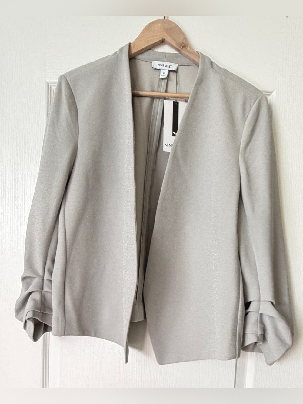 Nine West NWT Ruched Sleeve Open Front Blazer Jacket Silver Gray XL Workwear